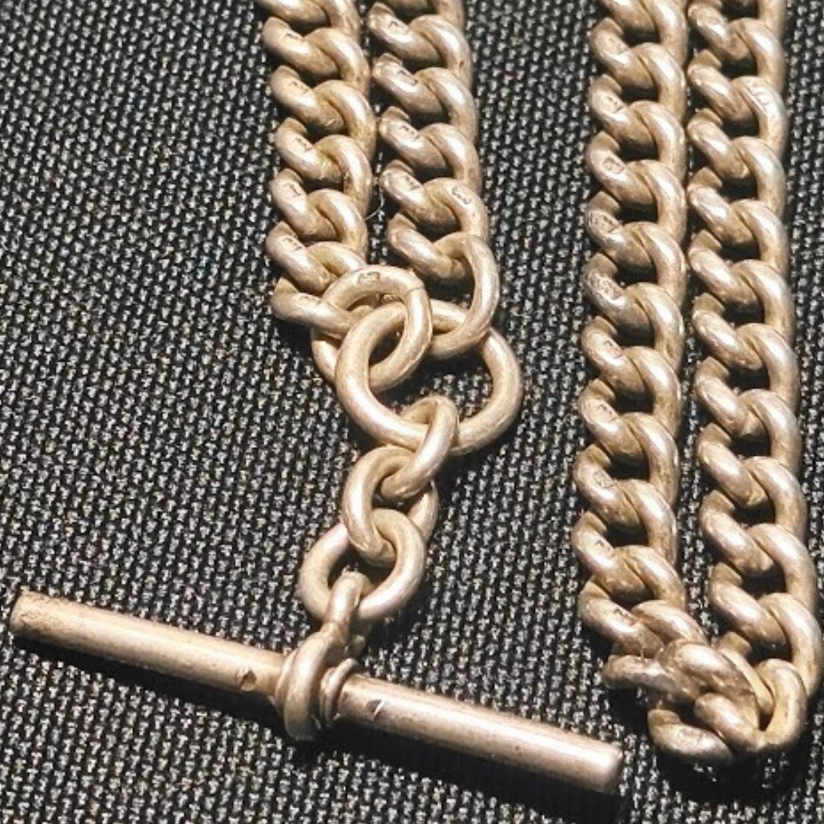 58g Antique Sterling Silver Double Albert Chain – J.T&S – Early 1900s – Heavy Pocket Watch Chain