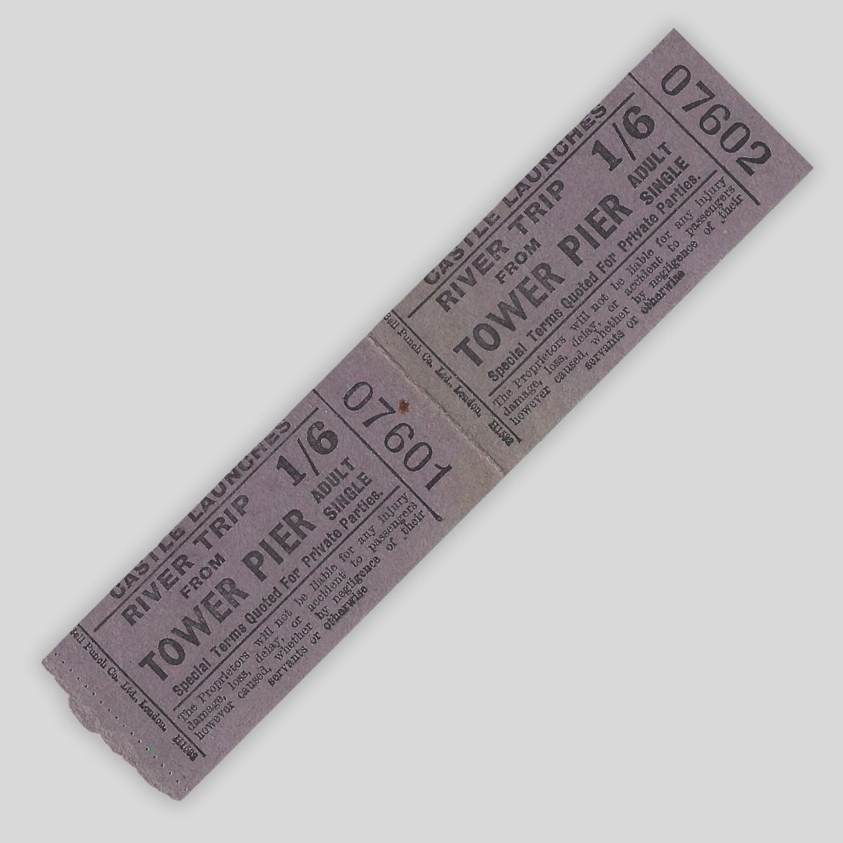 Castle Launches River Trip Tickets – Tower Pier 1/6 Fare | Pre-Decimal | Consecutive Pair | Bell Punch Co. London