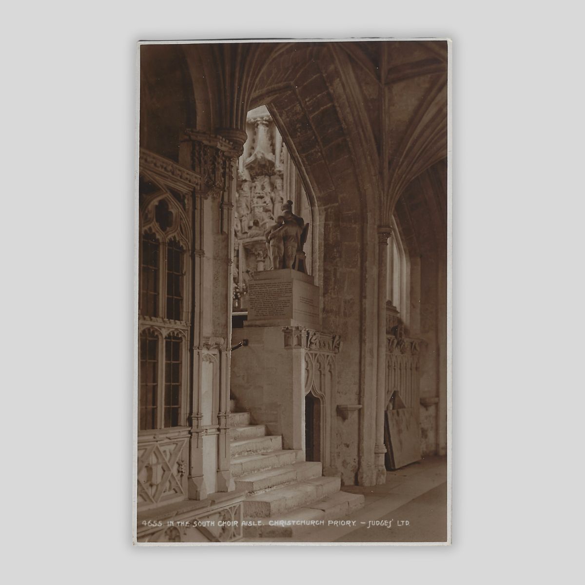 Christchurch Priory – South Choir Aisle (c.1920s Real Photo Postcard Judges’ Ltd. 9655)