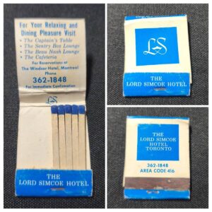 Lord Simcoe Hotel Matchbook – Vintage Toronto Collectable (1950s–60s)