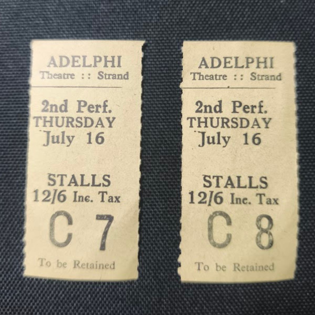 Pair of WWII 1942 Adelphi Theatre Tickets – Consecutive Seats C7 & C8 – The Dancing Years – Rare Wartime London Ephemera Front