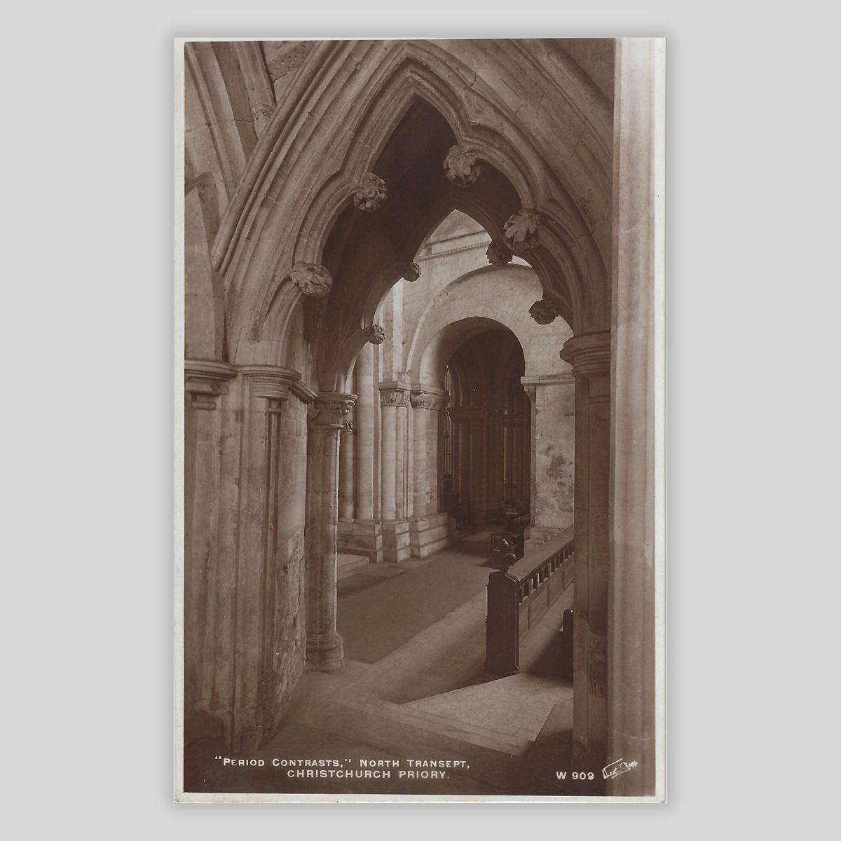 Christchurch Priory – “Period Contrasts”, North Transept (c.1920s Real Photo Postcard | Walter Scott, Bradford | W 909)