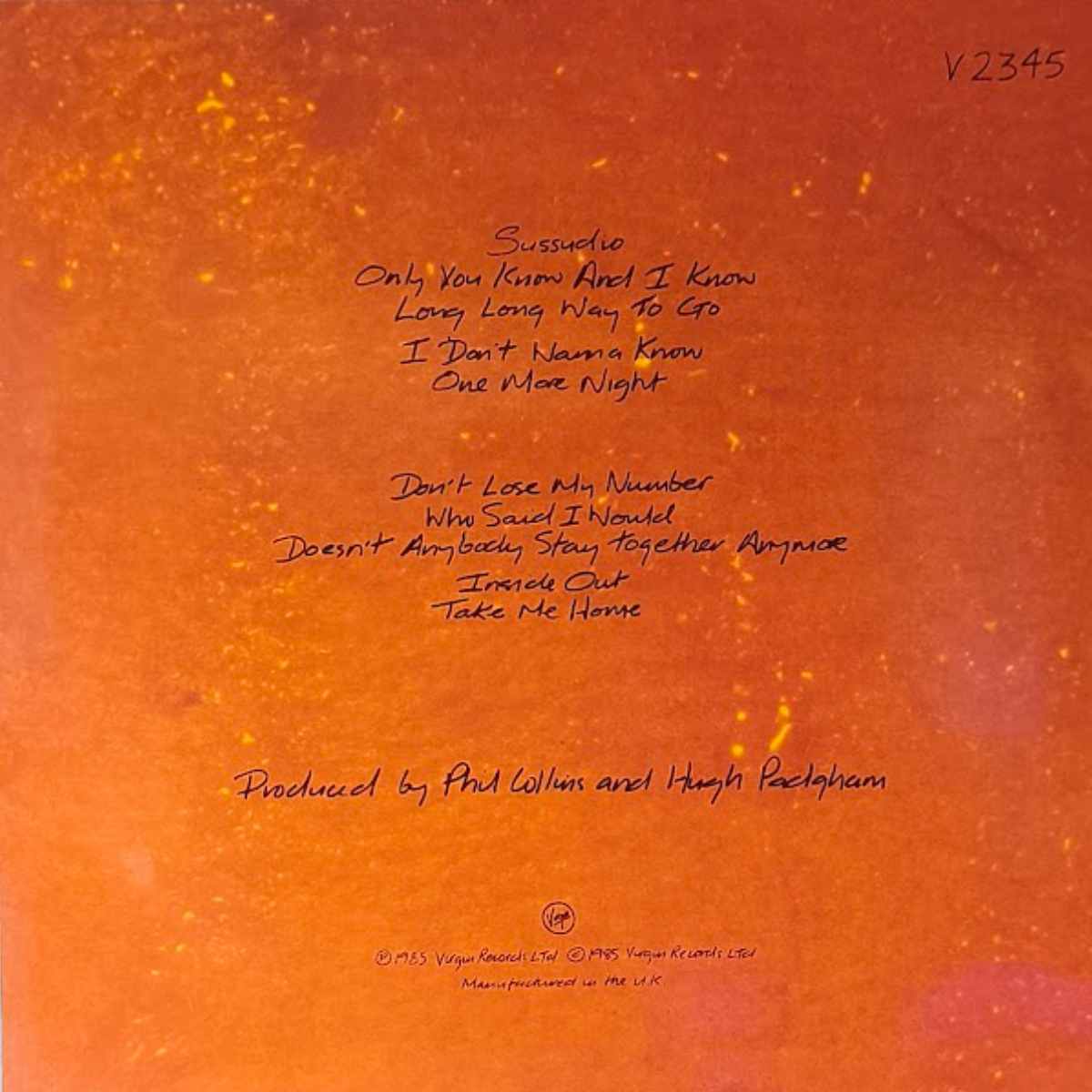 Phil Collins – No Jacket Required | 1985 UK Vinyl LP Masterdisk Back cover
