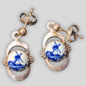 Vintage 835 Silver Delft Earrings – Hand-Painted Windmill Cabochons Mid-Century Dutch