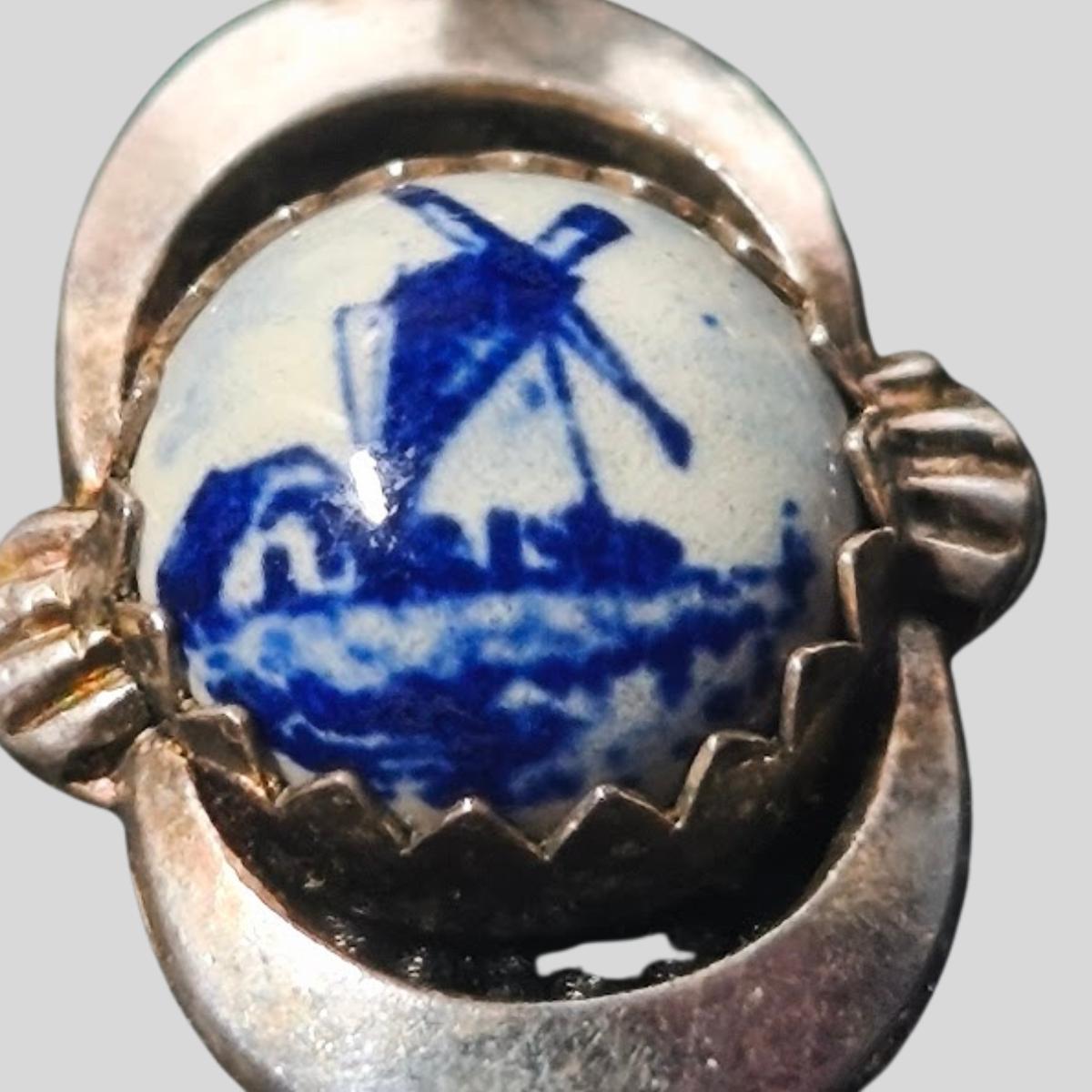 Vintage 835 Silver Delft Earrings – Hand-Painted Windmill Cabochons Mid-Century Dutch Close Up