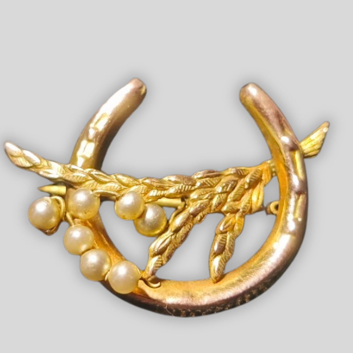 Vintage 9ct Gold Horseshoe & Wheat Sheaf Brooch – W.B.S – 1.75g – Good Luck Charm