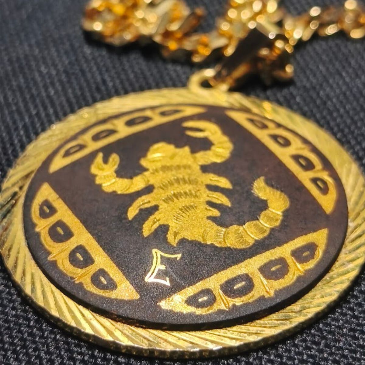Vintage Scorpio Zodiac Pendant & Chain – Gold-Tone (c.1970s–80s) Close Up