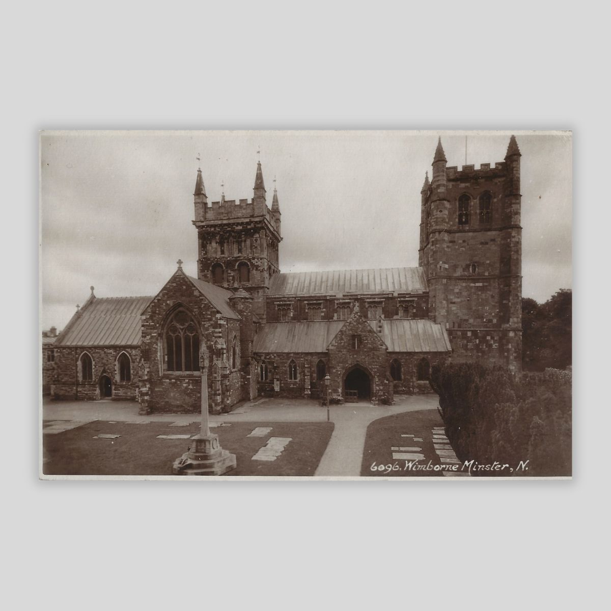 Wimborne Minster – North Side & Twin Towers (c.1920s–30s Real Photo Postcard | ‘Sunshine’ Series | E.A. Sweetman & Son | 6096)