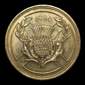 1986 Scottish Commonwealth Games £2 Coin – Thistle Design – Queen Elizabeth II Reverse