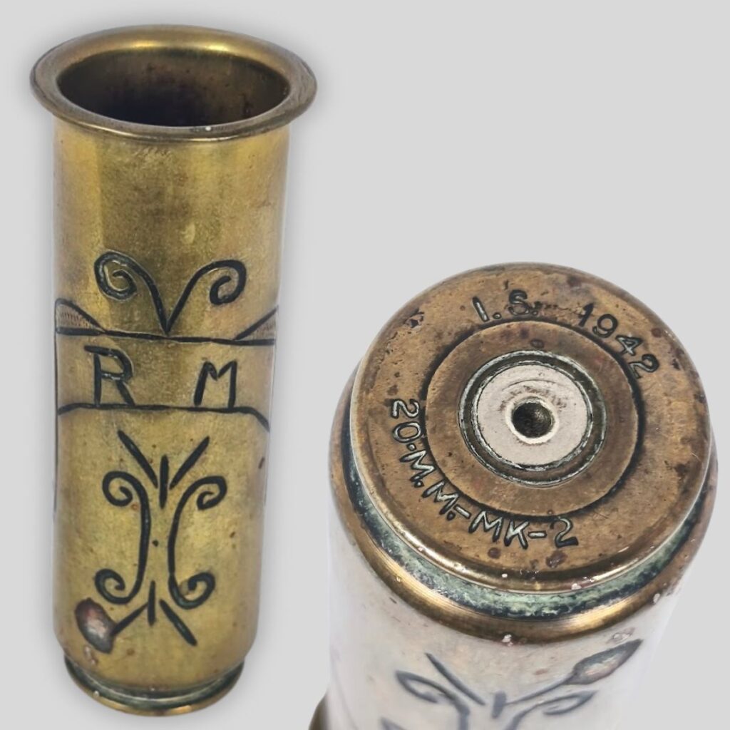 WWII RAF 20mm Hispano Aircraft Cannon Shell – 1942 – Hand Engraved “R M” – British Trench Art