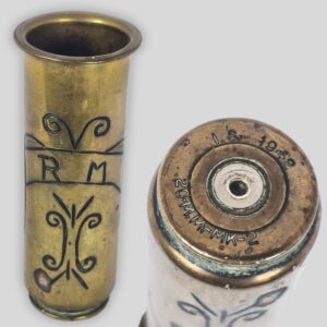 WWII RAF 20mm Hispano Aircraft Cannon Shell – 1942 – Hand Engraved “R M” – British Trench Art