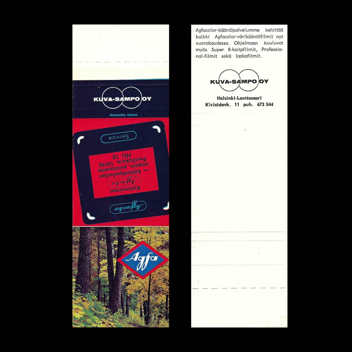 Agfacolor / Kuva-Sampo Oy – Finnish Photographic Services Advertising Matchbook Sleeve (c.1960s–1970s)