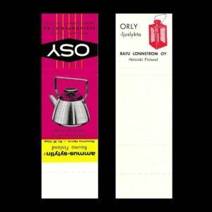 Amnus-Syyting / OSY – Finnish Design Matchbook Sleeve (Leena Coffee Pot & Orly Lantern) (c.1960s)