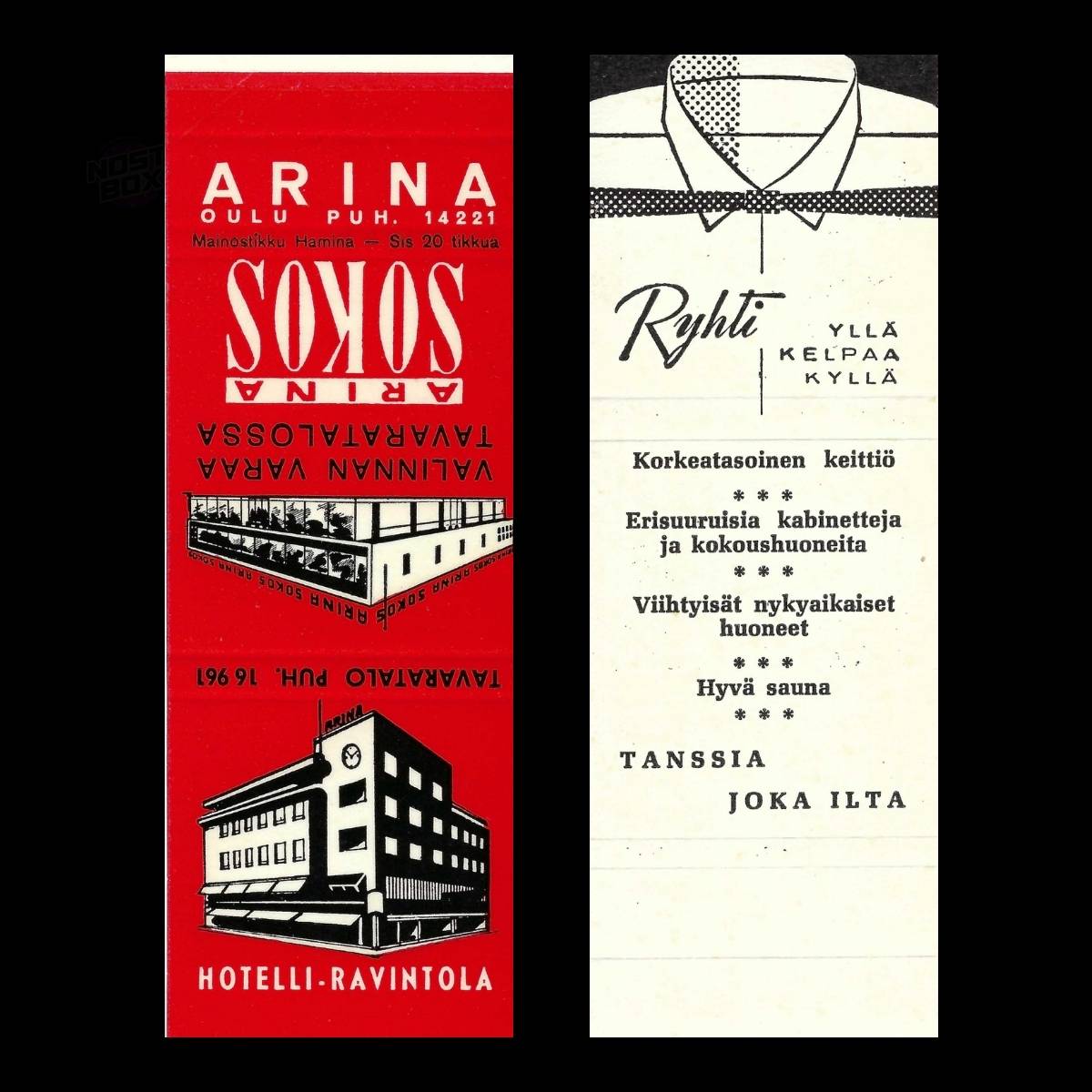 Arina Sokos & Ryhti – Finnish Department Store & Restaurant Matchbook Sleeve (c.1950s–60s)