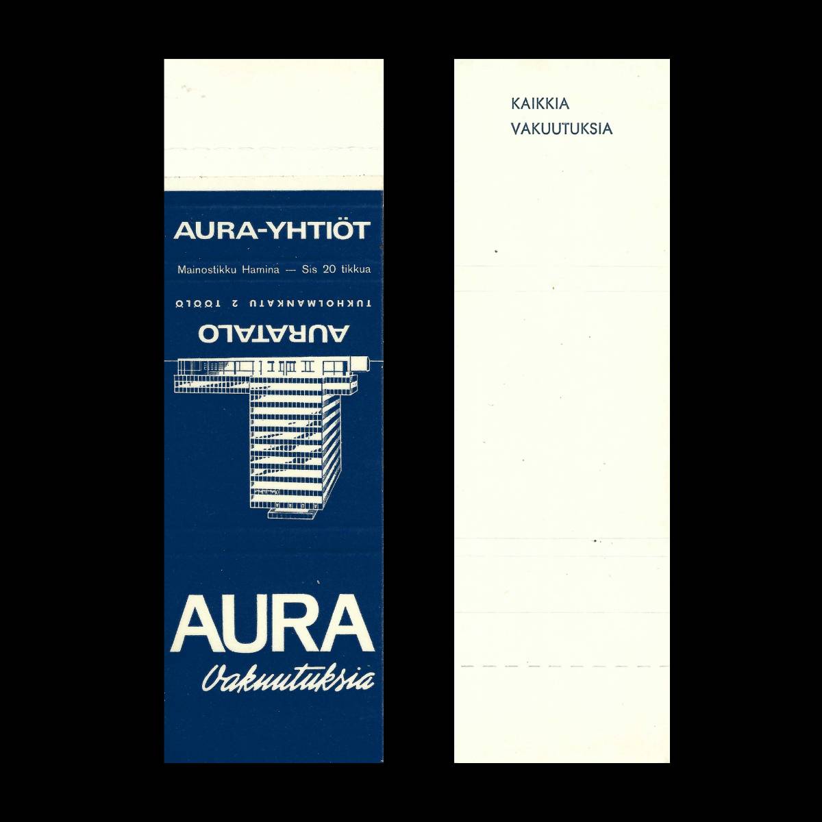 Aura-Yhtiöt / Aura Rakennuksia – Finnish Insurance & Construction Advertising Matchbook Sleeve (c.1960s–1970s)