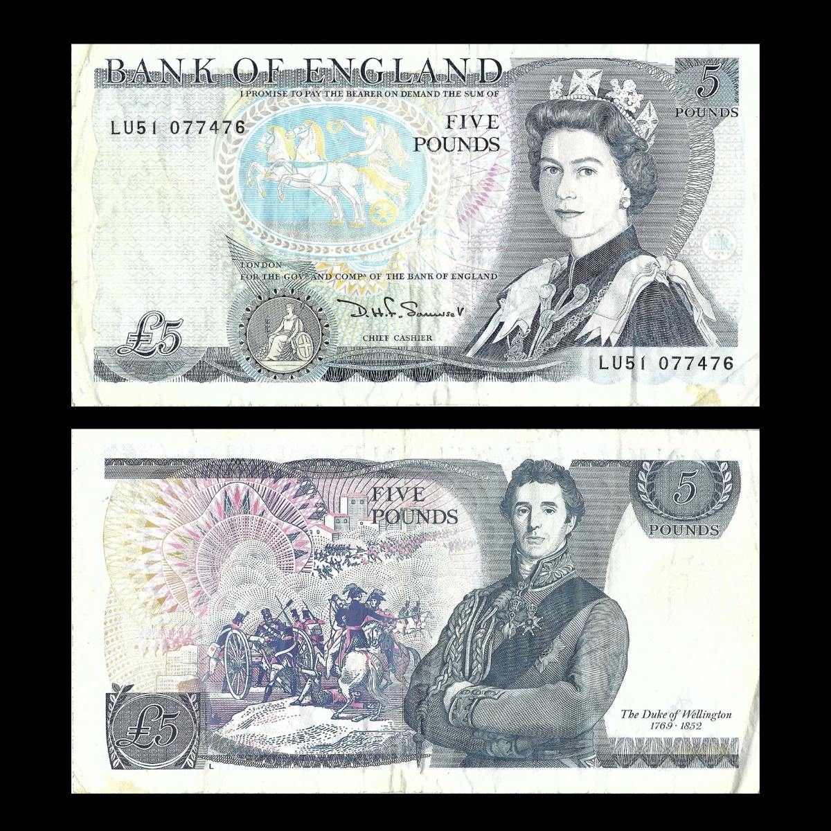 Bank of England £5 Note – Queen Elizabeth II & Duke of Wellington - Series D | 1971–1990 Issue