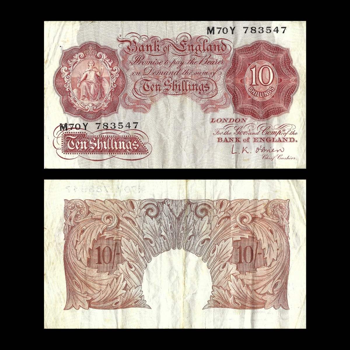Bank of England Ten Shillings (10/-) Note – Pre-Decimal UK Currency - Series C
