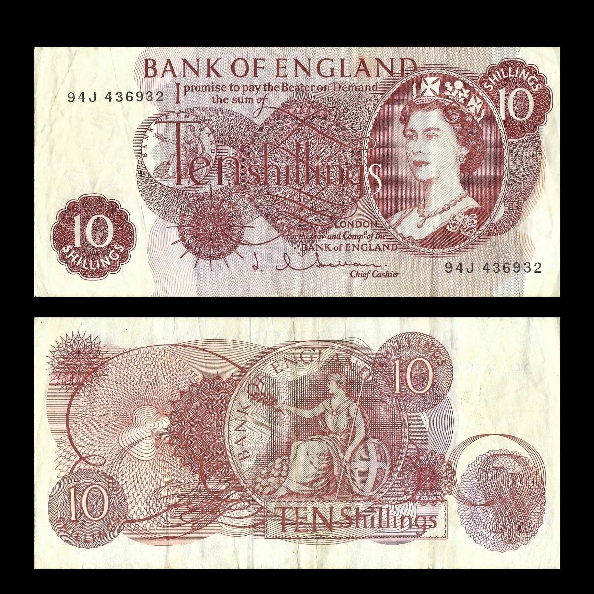 Bank of England Ten Shillings (10/-) Note – Queen Elizabeth II & Britannia - Series C | Pre-Decimal UK Currency