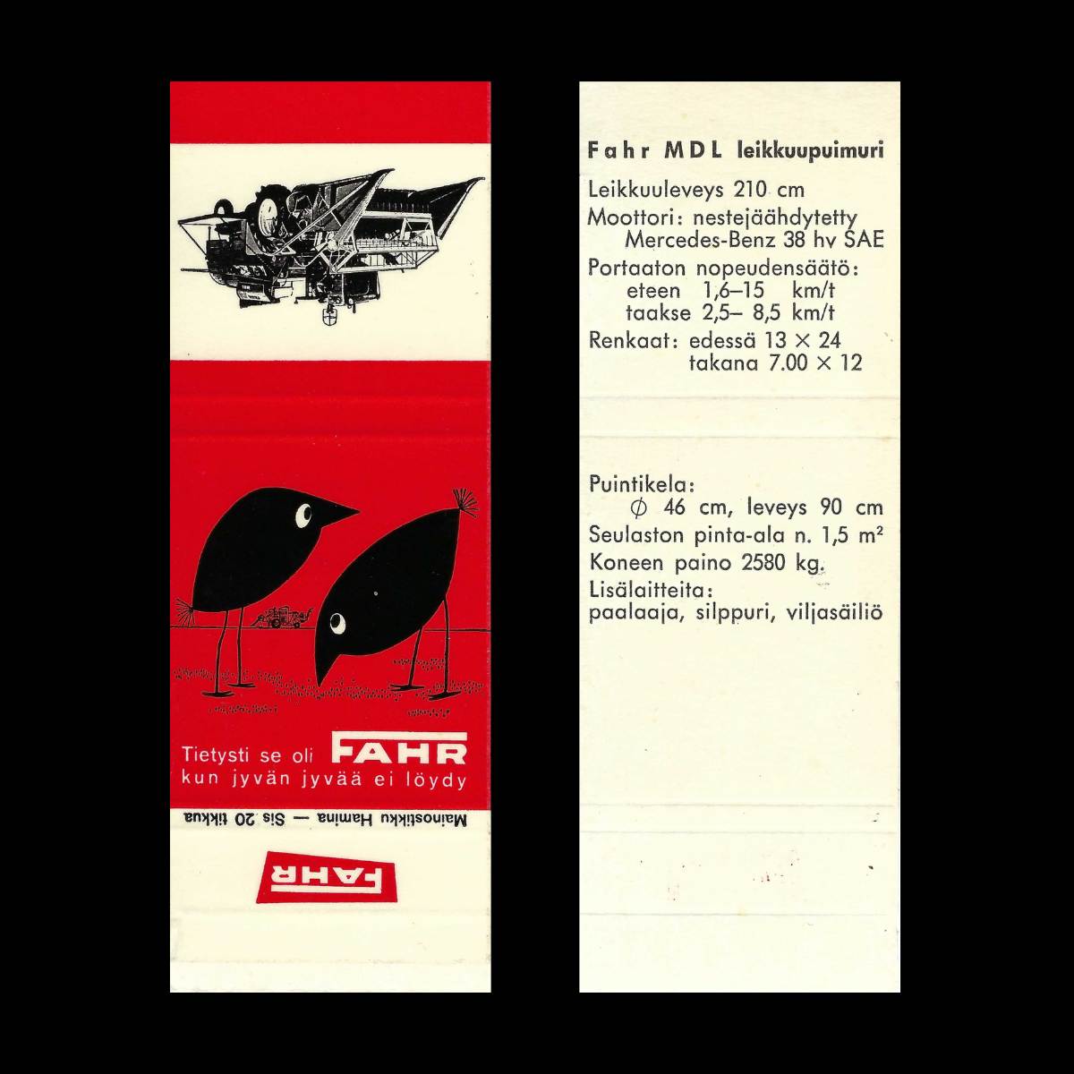 Fahr MDL – Finnish Agricultural Machinery Advertising Matchbook Sleeve (c.1960s)