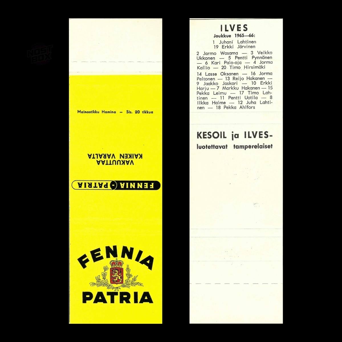 Fennia-Patria Insurance – Ilves Ice Hockey Team Matchbook Sleeve (1965–66)