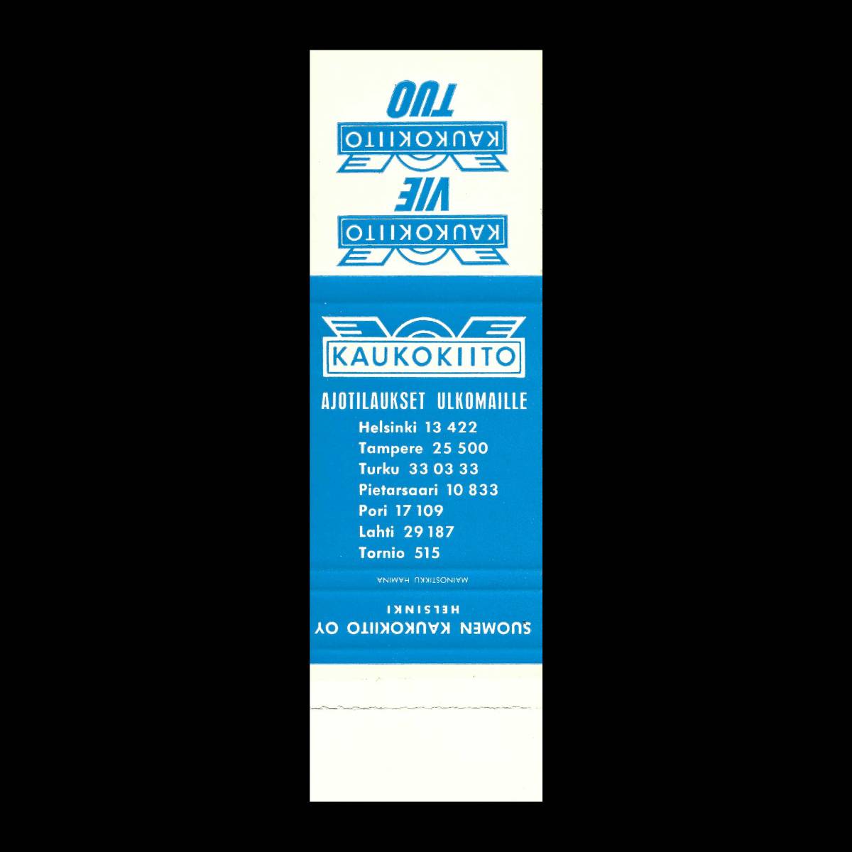Kaukokiiito – Finnish International Freight & Transport Advertising Matchbook Sleeve (c.1960s–1970s)