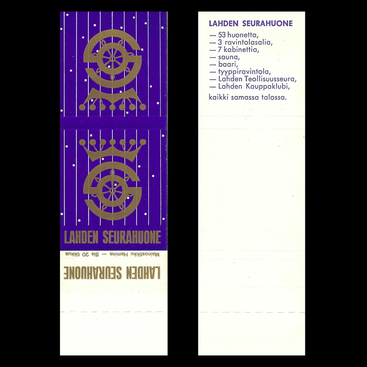 Lahden Seurahuone – Finnish Hotel & Society Matchbook Sleeve (c.1950s–60s)