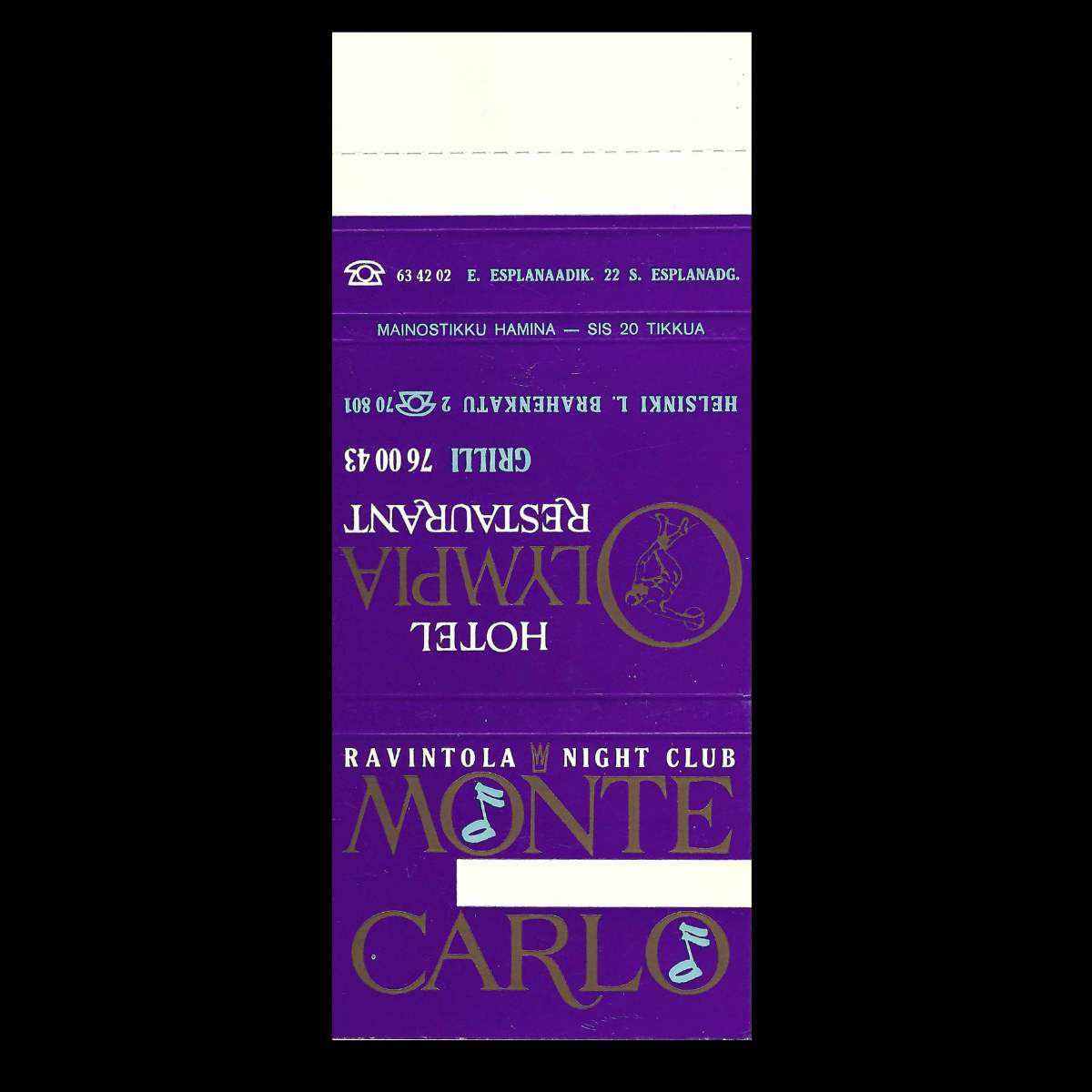 Monte Carlo Night Club, Helsinki – Vintage Finnish Matchbook Cover (c.1960s)