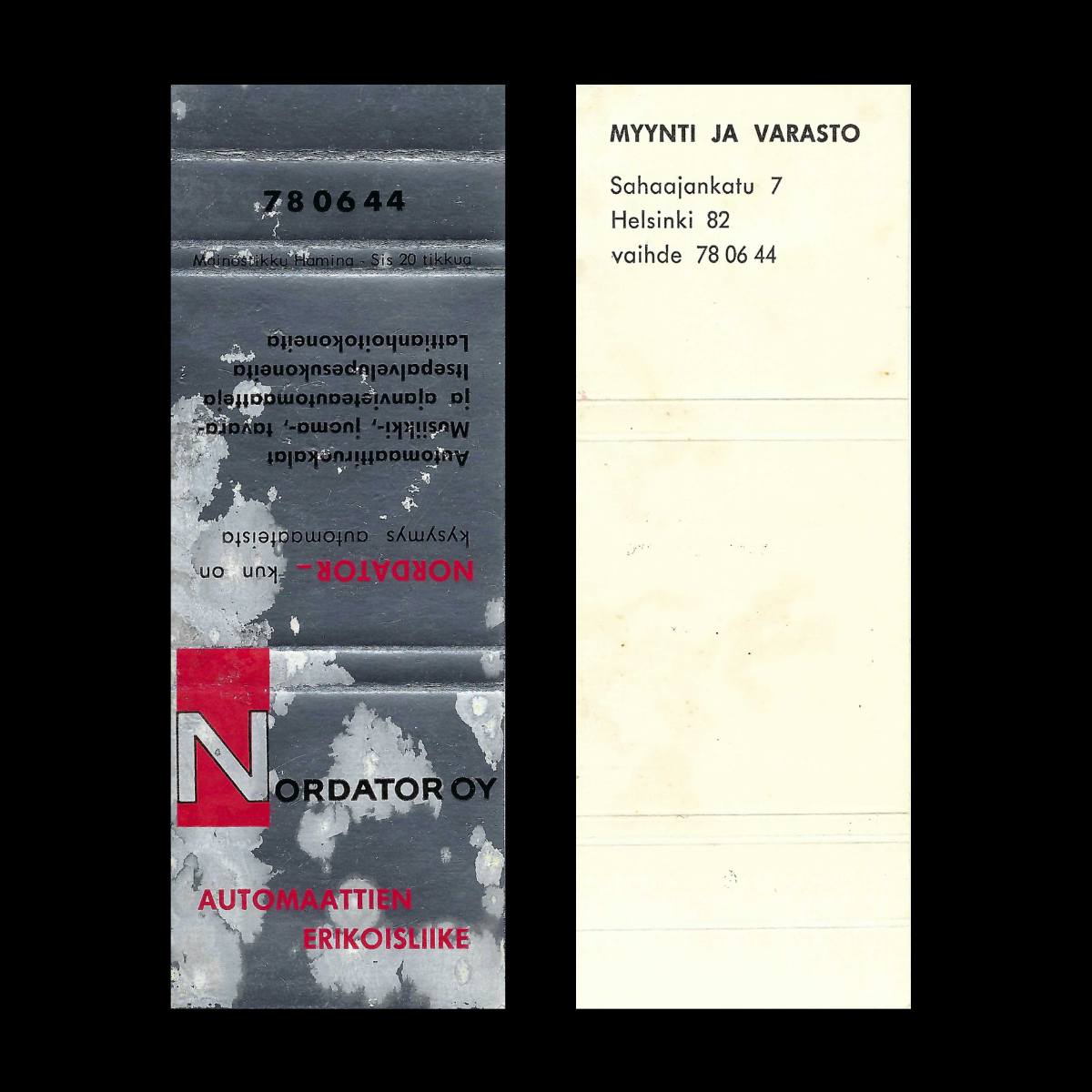 Nordator Oy – Automaattien Erikoisliike – Finnish Industrial Advertising Matchbook Sleeve (c.1960s–1970s)