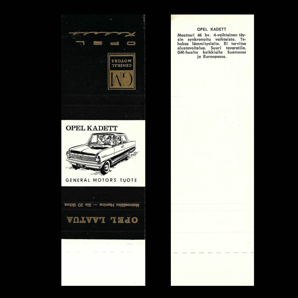 Opel Kadett – General Motors Finland Matchbook Sleeve (c.1960s)