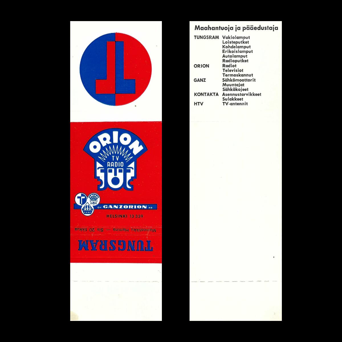 Orion TV & Radio – Tungsram / Ganz Electronics Advertising Matchbook Sleeve, Finland (c.1950s–1960s)