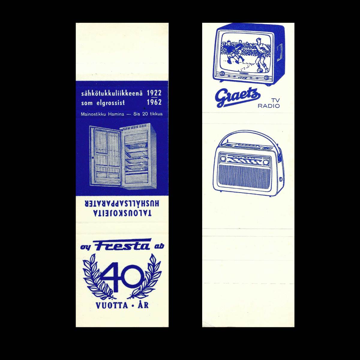 Oy Fresta Ab / Gaetz – Finnish TV & Radio Advertising Matchbook Sleeve (40th Anniversary) (c.1962)