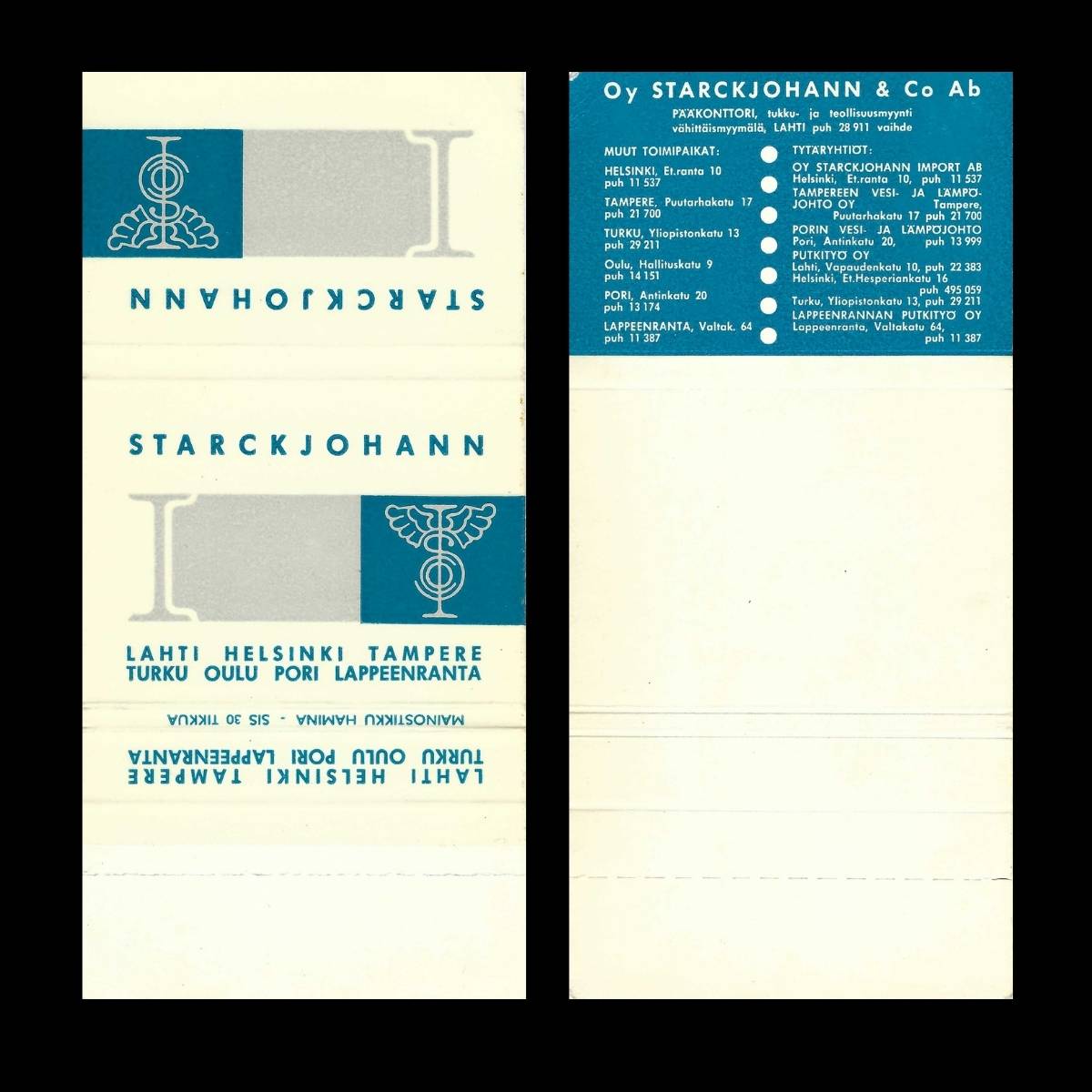 Oy Starckjohann & Co Ab – Finnish Industrial Supply Matchbook Sleeve (c.1950s–60s)