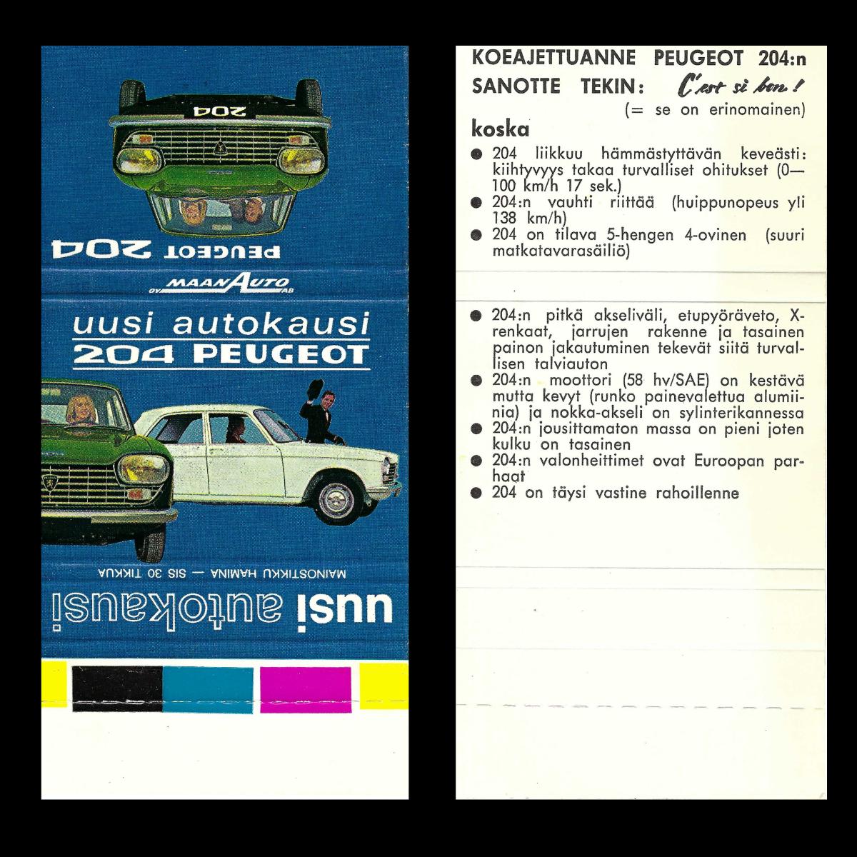 Peugeot 204 – Vintage Finnish Automotive Matchbook Cover (c.1960s)