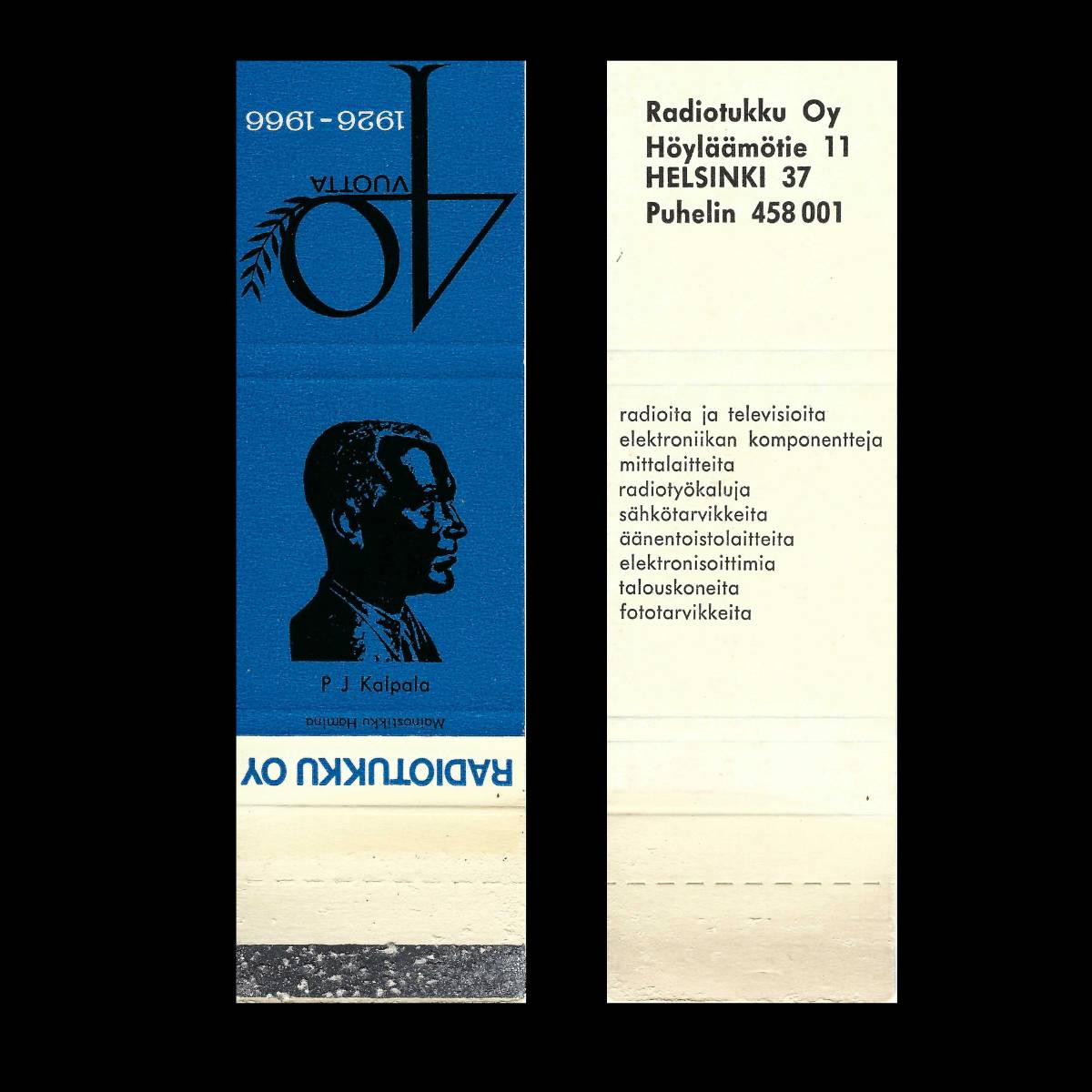 Radiotukku Oy – P.J. Kalpala Commemorative Advertising Matchbook Sleeve, Finland (c.1966)
