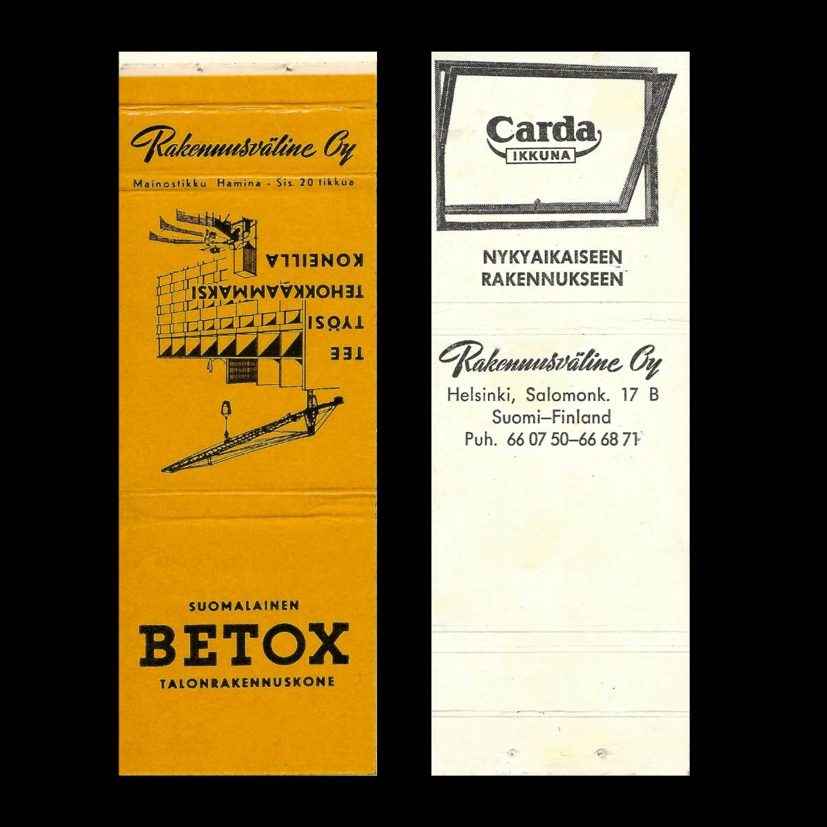 Rakennusväline Oy – Suomalainen BETOX Construction Equipment Advertising Matchbook Sleeve (c.1960s)