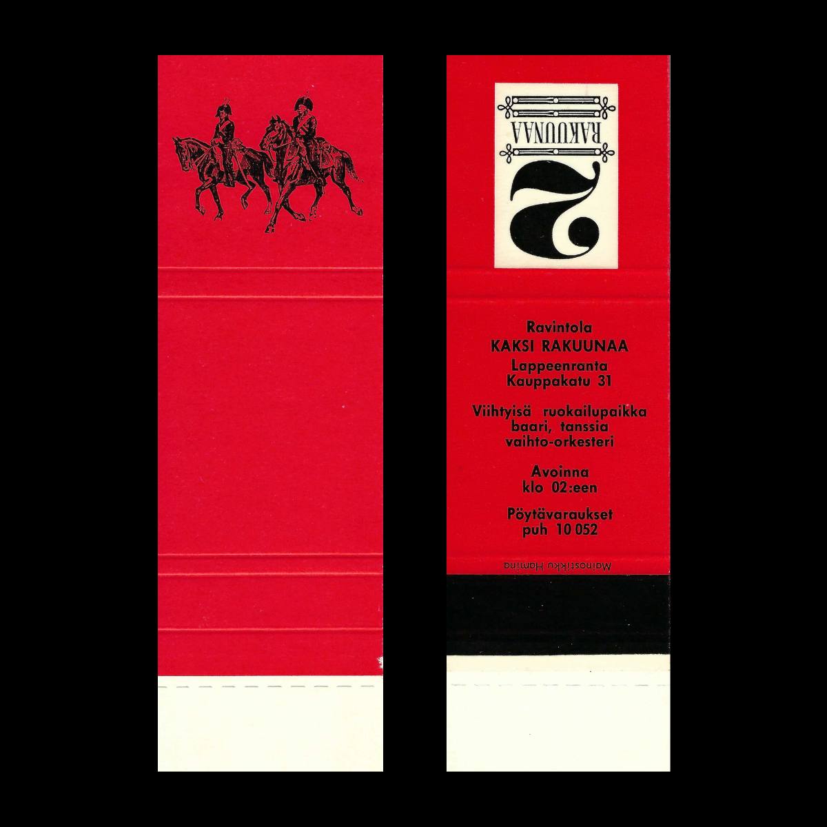Ravintola Kaksi Rakuunaa – Finnish Restaurant & Dancehall Matchbook Sleeve, Lappeenranta (c.1960s–1970s)