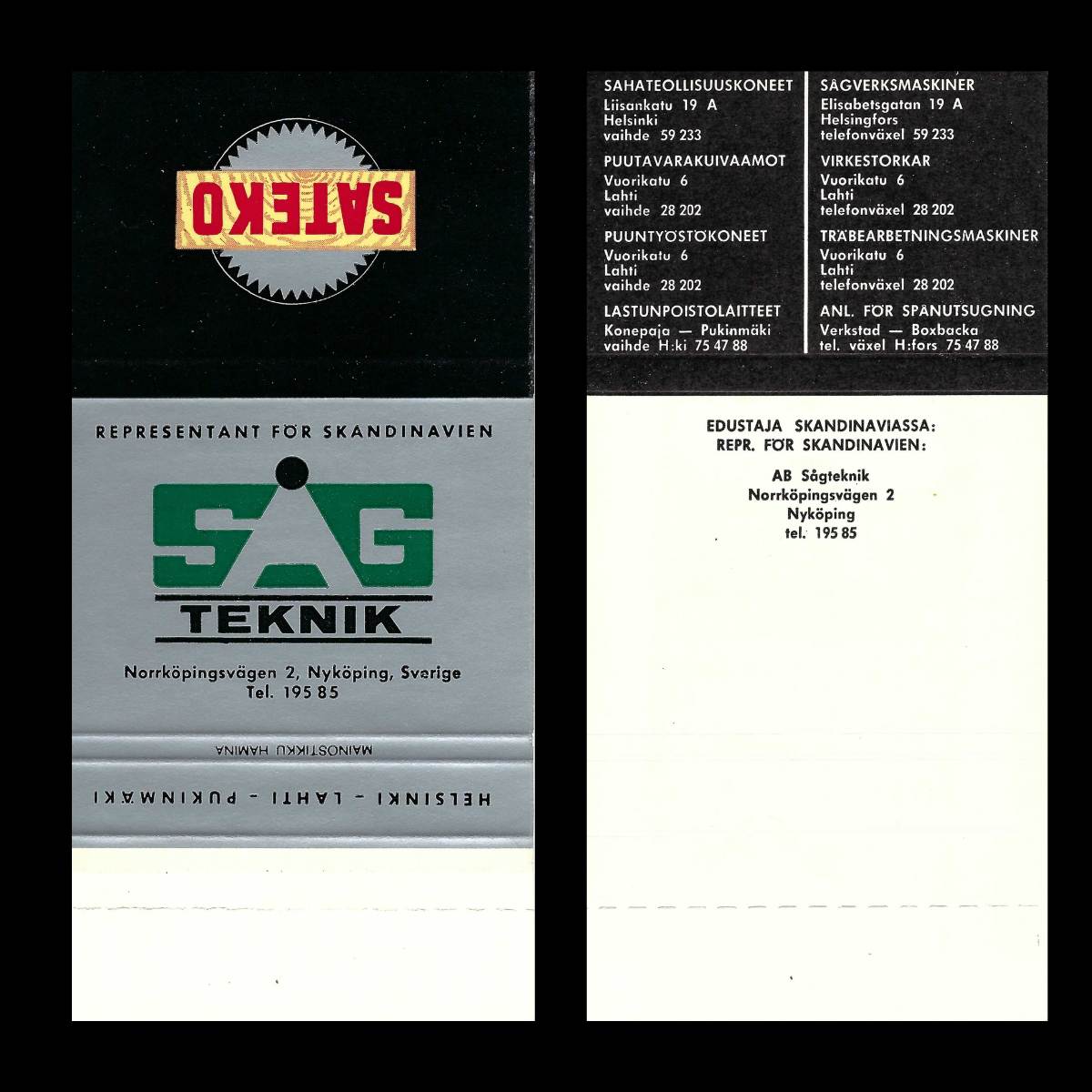 SATEKO / SAG Teknik – Scandinavian Industrial Matchbook Sleeve (c.1950s–60s)
