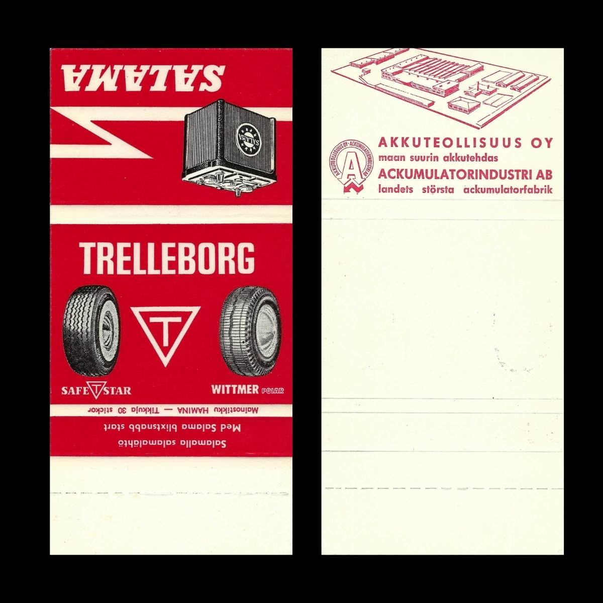 Salama – Finnish Battery Promotional Matchbook Sleeve – Akkuteollisuus Oy (c.1950s–60s)
