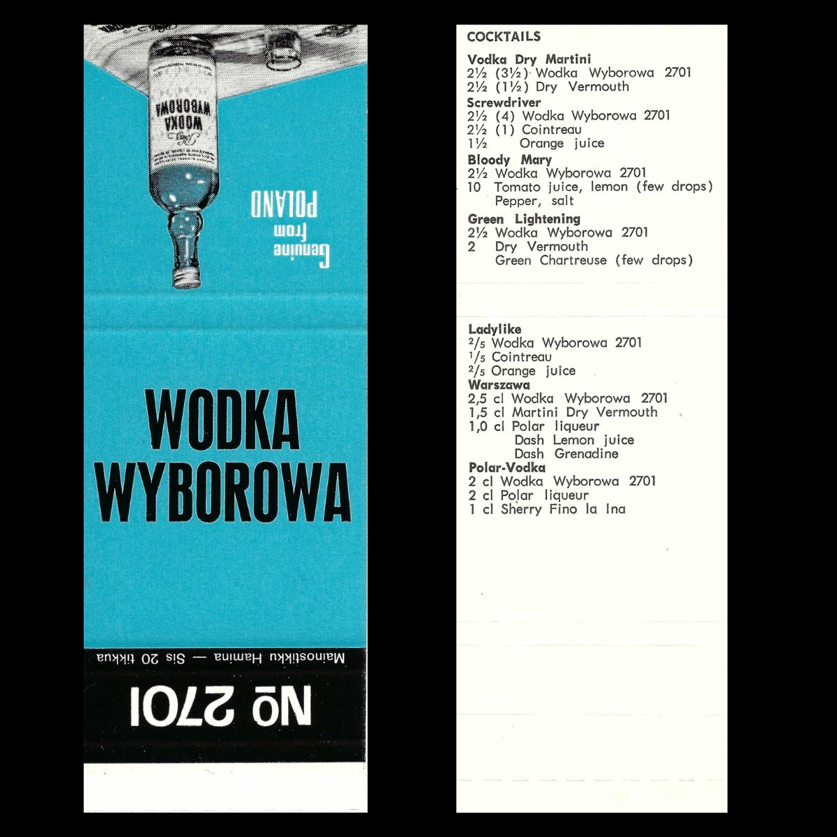 Wyborowa Vodka Cocktail Guide – Vintage Promotional Matchbook Cover (Finland, c.1960s)