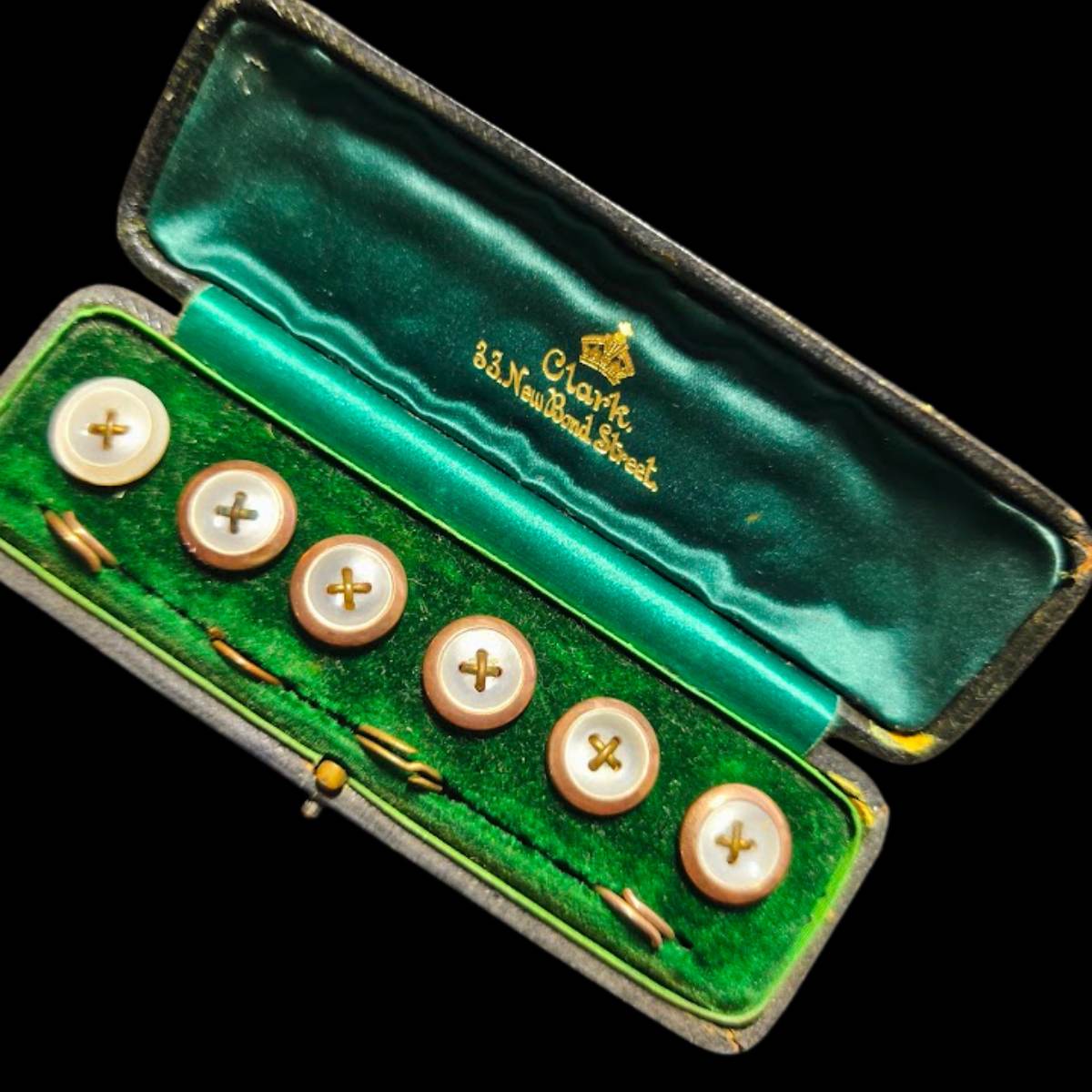 Edwardian Mother-of-Pearl Dress Stud Set Alfred Clark 33 New Bond Street Boxed Green