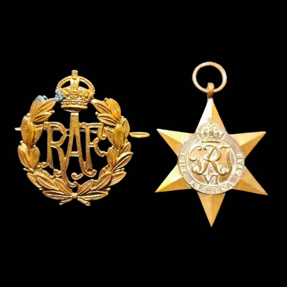RAF sweetheart brooch and Africa Star medal from WWII RAF navigator medal group to J.C. Elphick.