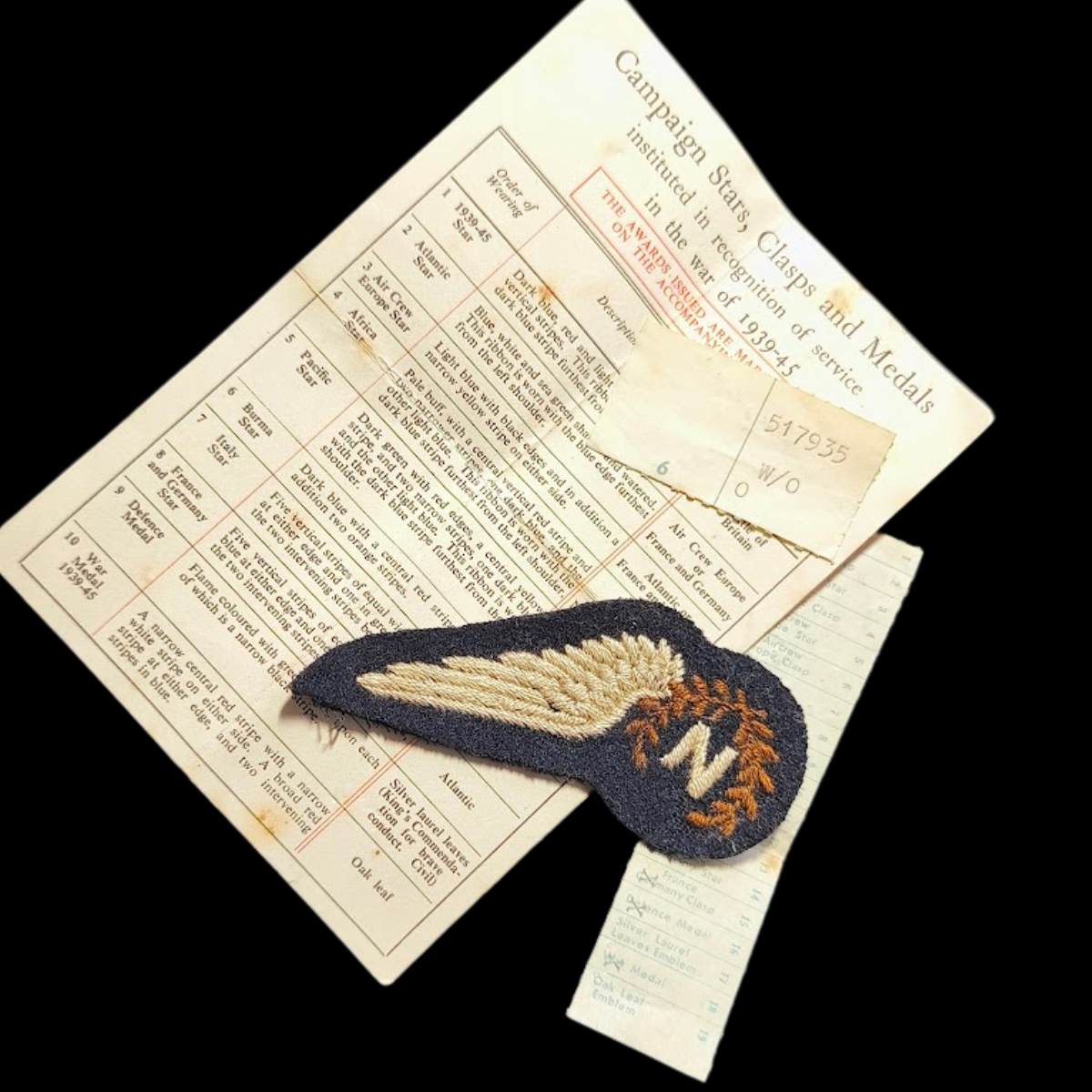 RAF navigator brevet wings with medal entitlement card and original paperwork from WWII medal group to J.C. Elphick.